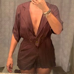 Brown long sleeve romper v-neck